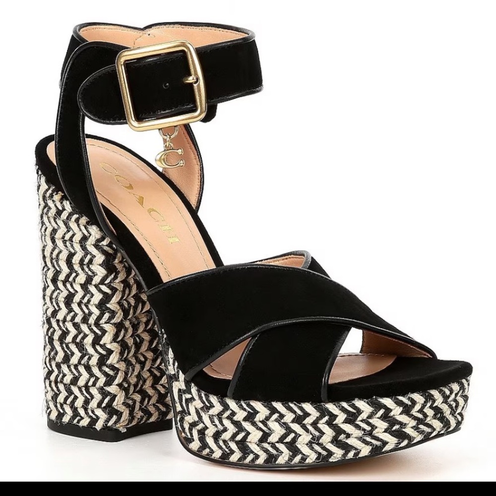 Coach Black Suede Platform Sandals with Woven Rope Heel